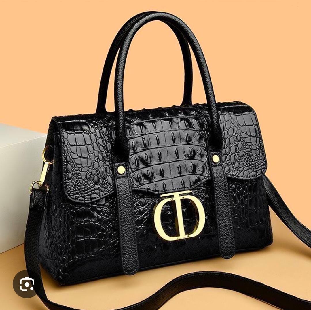 Imported Croco Hard Leather Handbag - Black